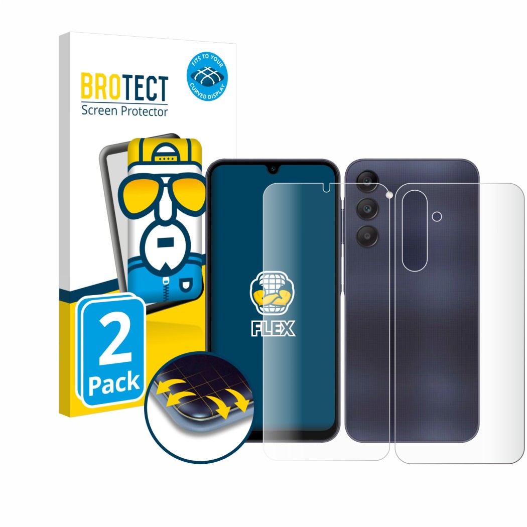 Vorderseite einer Produktverpackung mit dem Markenlogo BROTECT. Daneben ist das Gerät Samsung Galaxy A25 5G (Display+Rückseite