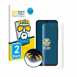 Parte frontal de un envase de producto con el logotipo de la marca BROTECT. Al lado se muestra el dispositivo Samsung Galaxy A