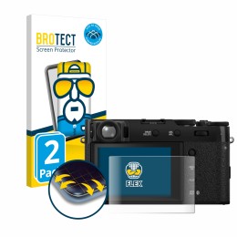 Vorderseite einer Produktverpackung mit dem Markenlogo BROTECT. Daneben ist das Gerät Fujifilm X100VI mit dem zugehörigen Disp