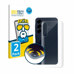 Vorderseite einer Produktverpackung mit dem Markenlogo BROTECT. Daneben ist das Gerät Samsung Galaxy A35 5G (Rückseite) mit de