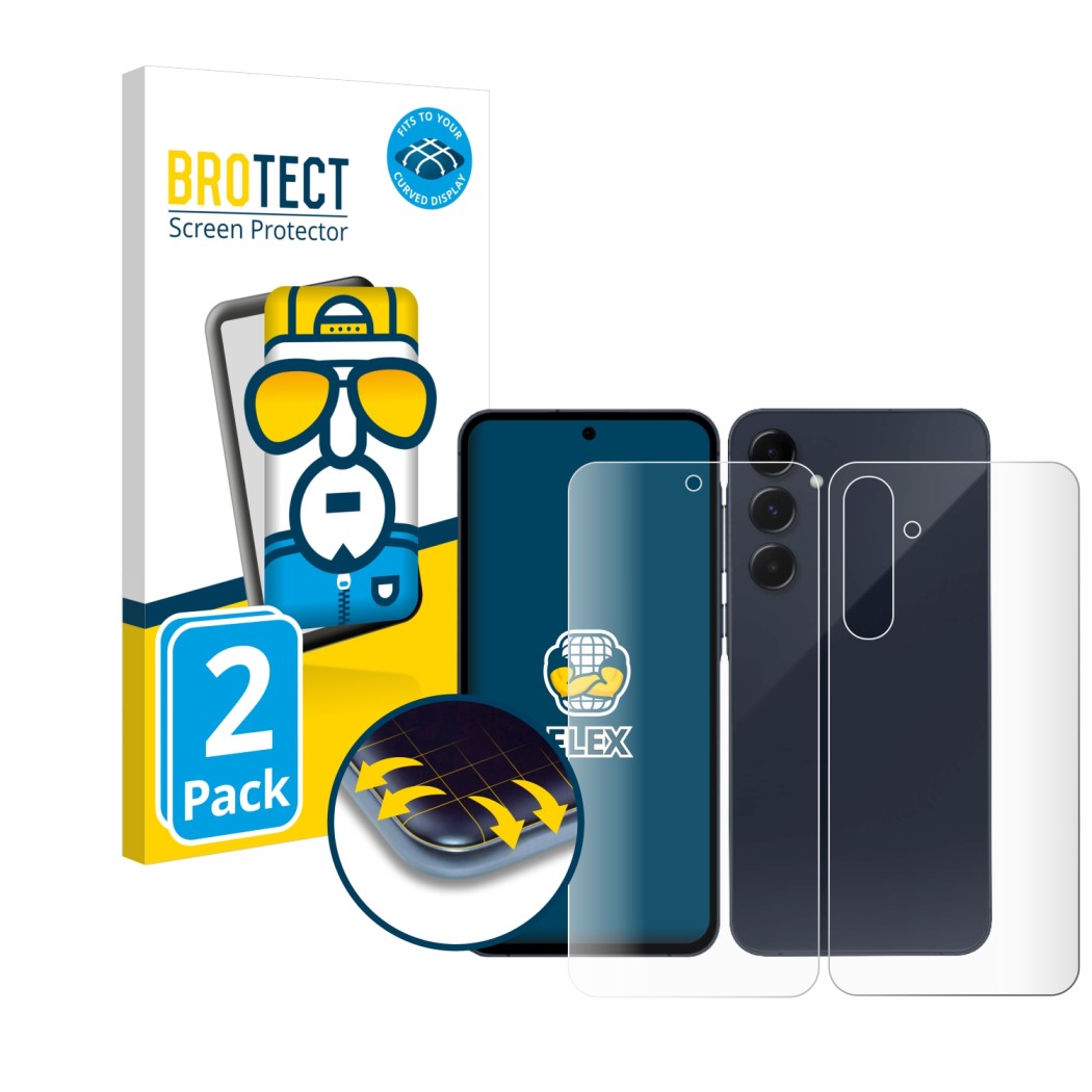 Face avant d’un emballage produit avec le logo de la marque BROTECT. À côté, l’appareil Samsung Galaxy A35 5G (Avant+Arrière) 