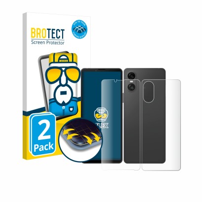 Vorderseite einer Produktverpackung mit dem Markenlogo BROTECT. Daneben ist das Gerät Sony Xperia 10 VI (Display+Rückseite) mi