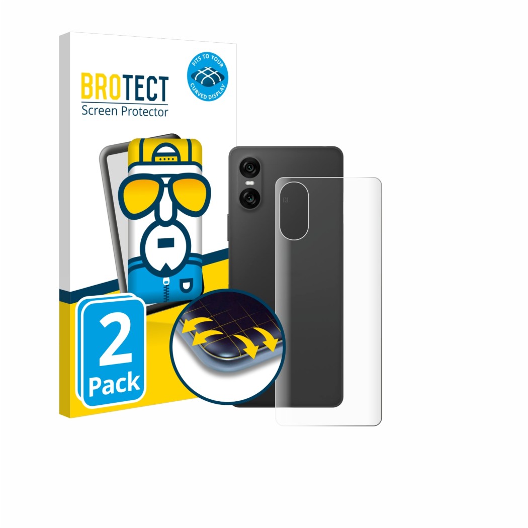 Front side of a product packaging with the brand logo BROTECT. Next to it is the device Sony Xperia 10 VI (Back) shown with th