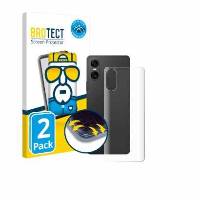 Front side of a product packaging with the brand logo BROTECT. Next to it is the device Sony Xperia 10 VI (Back) shown with th