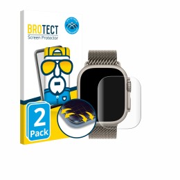 Parte frontal de un envase de producto con el logotipo de la marca BROTECT. Al lado se muestra el dispositivo Apple Watch Ultr