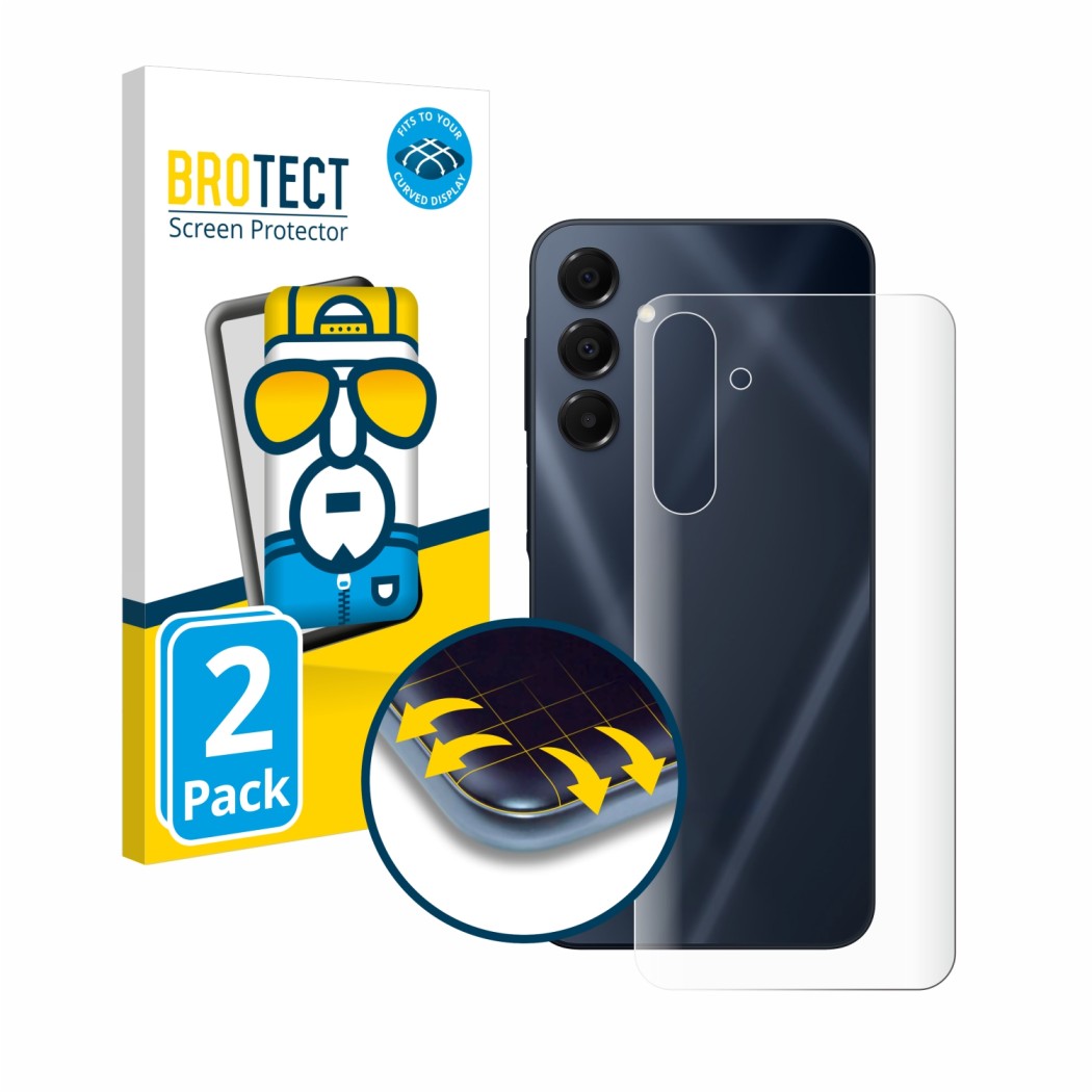 Front side of a product packaging with the brand logo BROTECT. Next to it is the device Samsung Galaxy A16 5G (Back) shown wit