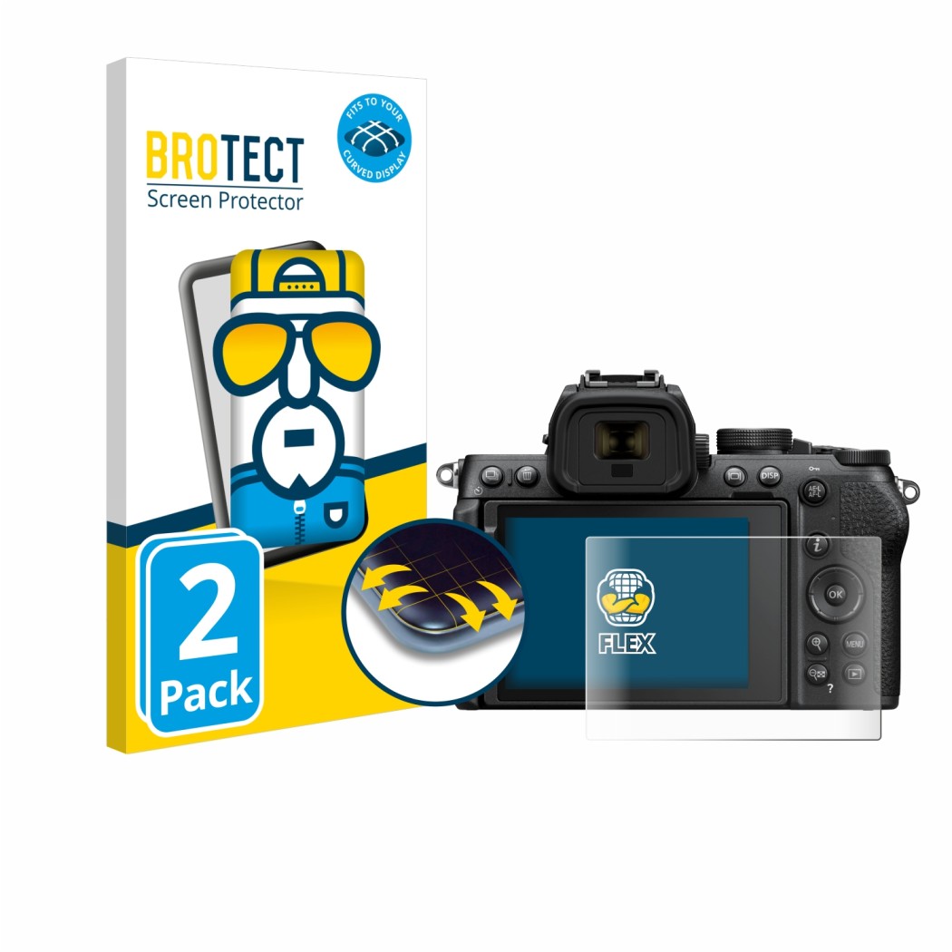 Front side of a product packaging with the brand logo BROTECT. Next to it is the device Nikon Z50 II shown with the correspond
