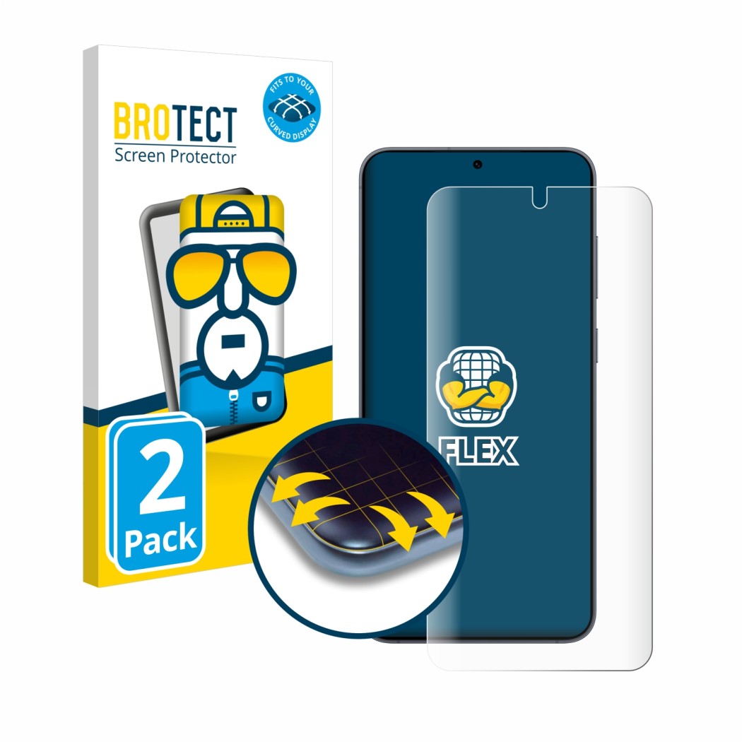 Front side of a product packaging with the brand logo BROTECT. Next to it is the device Samsung Galaxy S25 shown with the corr