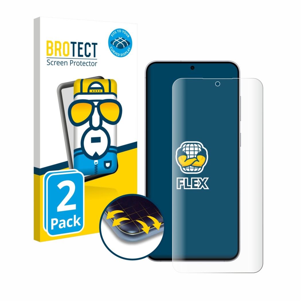 Front side of a product packaging with the brand logo BROTECT. Next to it is the device Samsung Galaxy S25 FE shown with the c