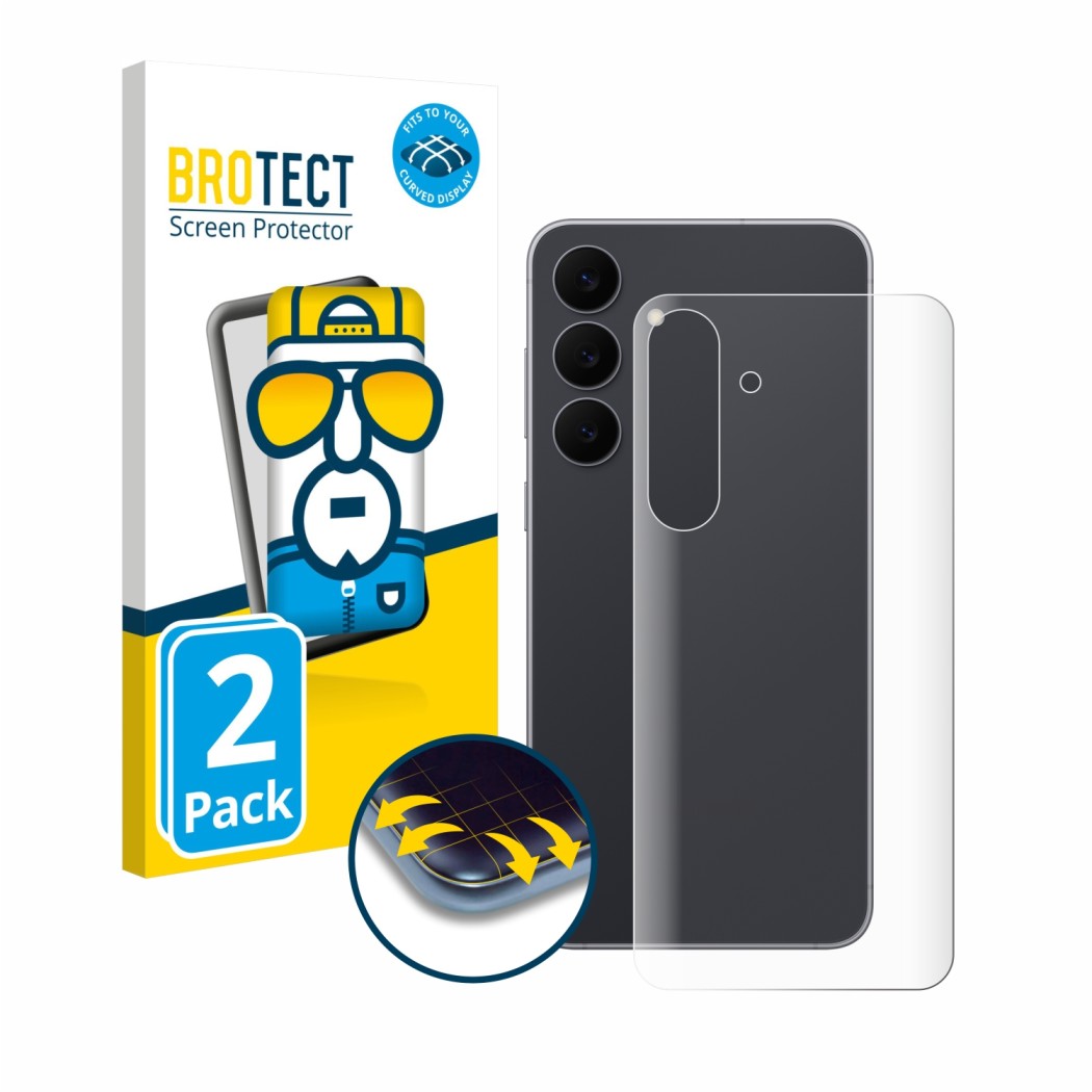 Vorderseite einer Produktverpackung mit dem Markenlogo BROTECT. Daneben ist das Gerät Samsung Galaxy S25 FE (Rückseite) mit de