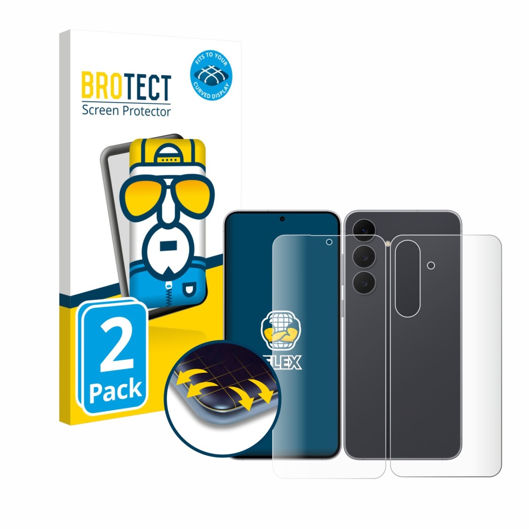 Vorderseite einer Produktverpackung mit dem Markenlogo BROTECT. Daneben ist das Gerät Samsung Galaxy S25 FE (Display+Rückseite