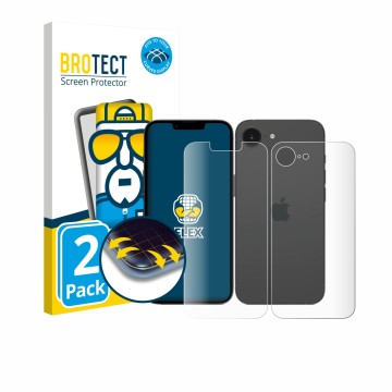 Face avant d’un emballage produit avec le logo de la marque BROTECT. À côté, l’appareil Apple iPhone 17e (Avant+Arrière) est r