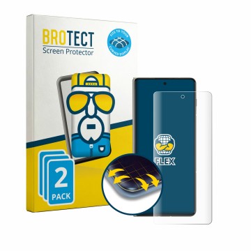 Parte frontal de un envase de producto con el logotipo de la marca BROTECT. Al lado se muestra el dispositivo Motorola Razr Fo