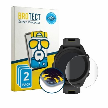 Front side of a product packaging with the brand logo BROTECT. Next to it is the device Garmin Forerunner 170 shown with the c