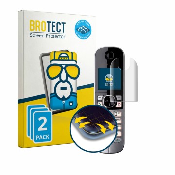 Front side of a product packaging with the brand logo BROTECT. Next to it is the device Panasonic KX-TG6821 shown with the cor