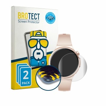 Parte frontal de un envase de producto con el logotipo de la marca BROTECT. Al lado se muestra el dispositivo Huawei Watch 6 4