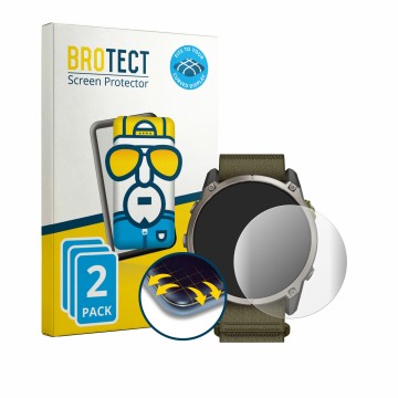 Front side of a product packaging with the brand logo BROTECT. Next to it is the device Garmin Enduro 4 shown with the corresp