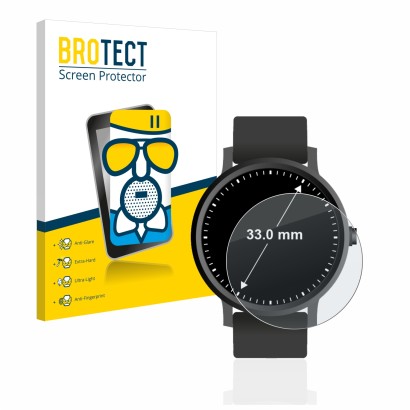 Front side of a product packaging with the brand logo BROTECT. Next to it is the device Watches (Circular, ø: 33 mm) shown wit