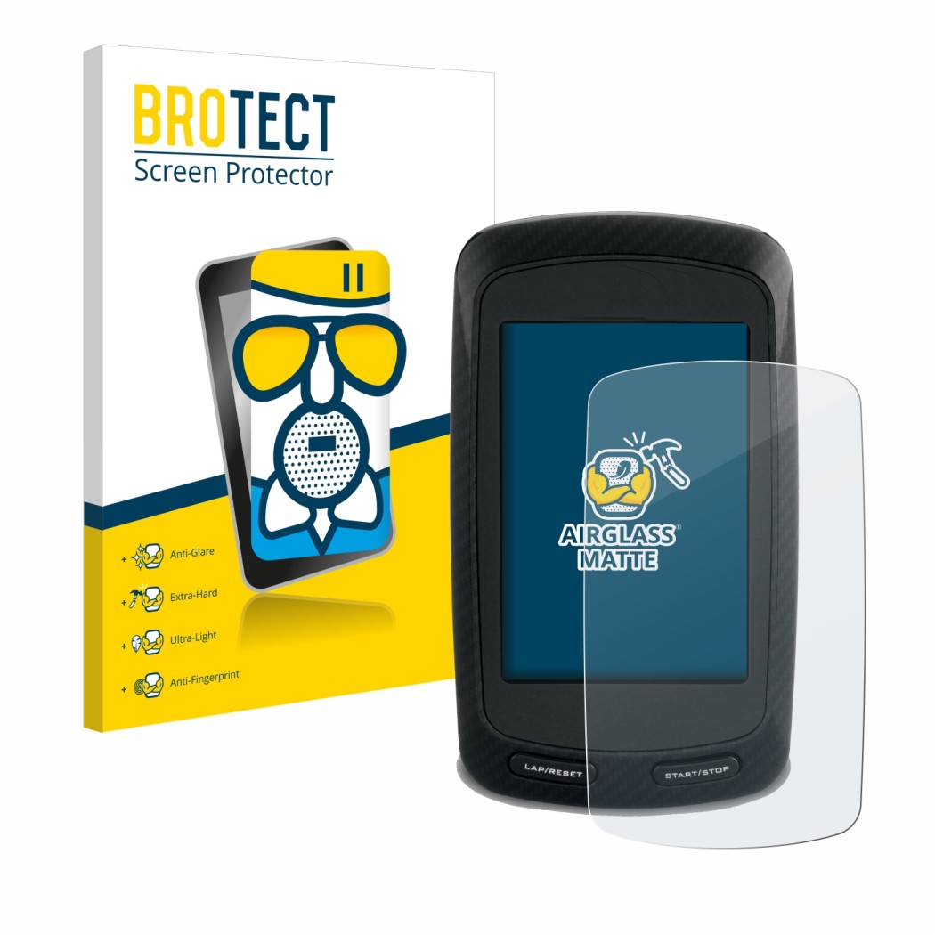 Parte frontal de un envase de producto con el logotipo de la marca BROTECT. Al lado se muestra el dispositivo Garmin Edge 800 