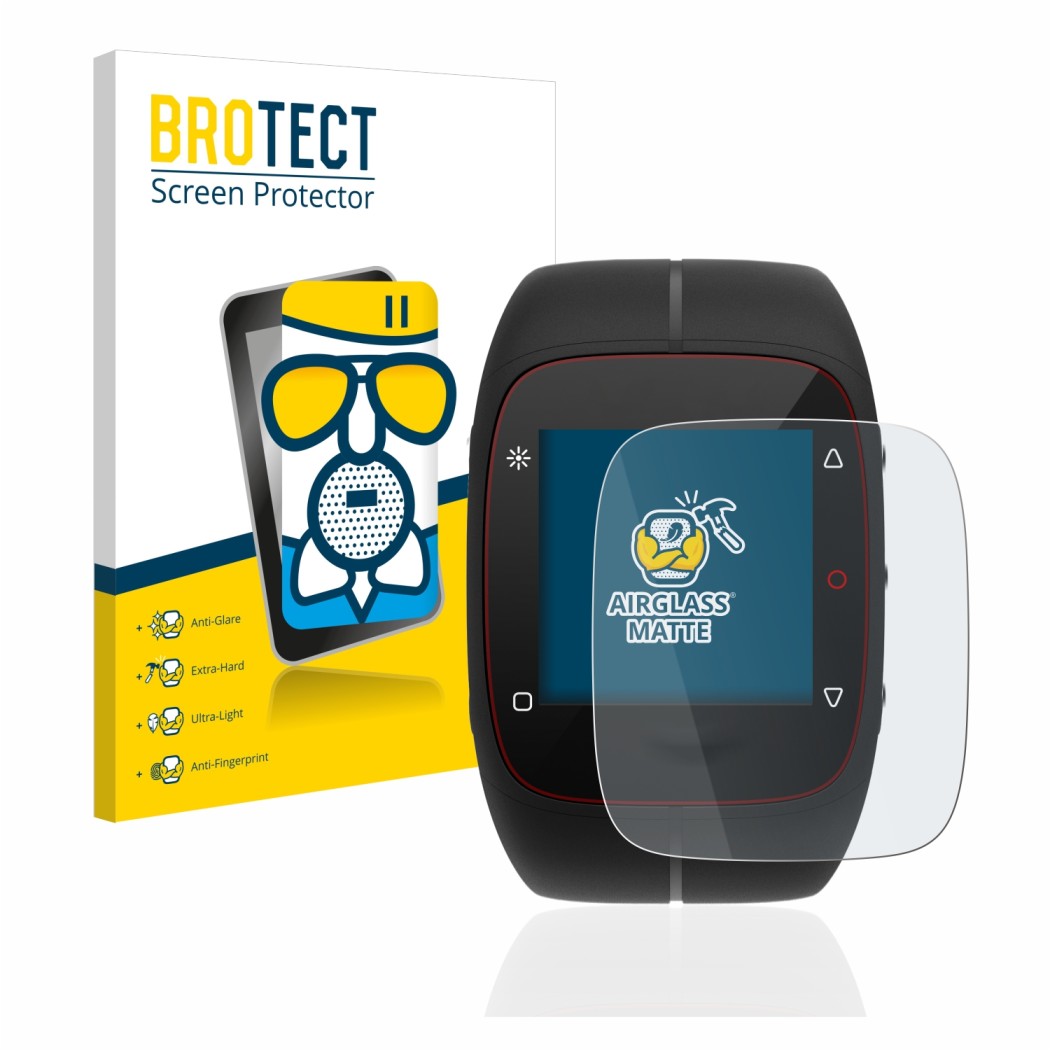 Parte frontale di una confezione del prodotto con il logo del marchio BROTECT. Accanto è raffigurato il dispositivo Polar M400