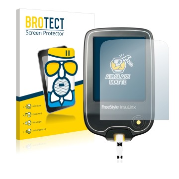 Vorderseite einer Produktverpackung mit dem Markenlogo BROTECT. Daneben ist das Gerät Freestyle InsuLinx mit dem zugehörigen D