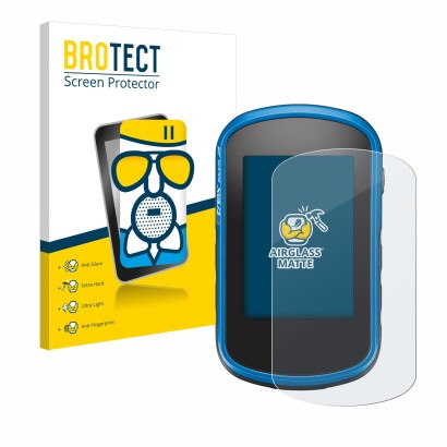 Front side of a product packaging with the brand logo BROTECT. Next to it is the device Garmin eTrex Touch 35 shown with the c