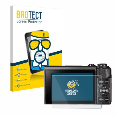 Face avant d’un emballage produit avec le logo de la marque BROTECT. À côté, l’appareil Canon PowerShot G7 X Mark II est repré