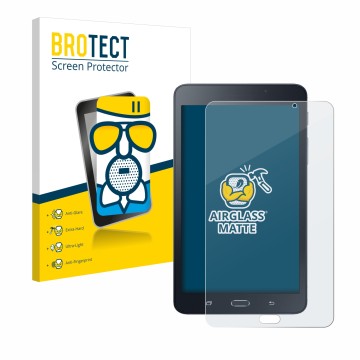 Front side of a product packaging with the brand logo BROTECT. Next to it is the device Samsung Galaxy Tab A6 7.0 shown with t