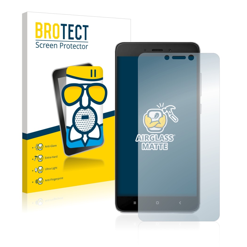 Front side of a product packaging with the brand logo BROTECT. Next to it is the device Xiaomi Redmi Note 4 shown with the cor