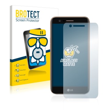 Front side of a product packaging with the brand logo BROTECT. Next to it is the device LG K10 2017 shown with the correspondi