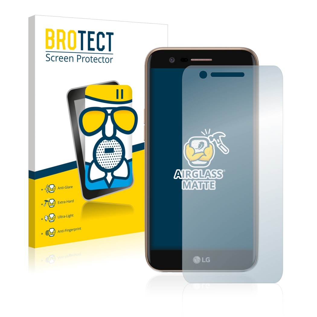 Front side of a product packaging with the brand logo BROTECT. Next to it is the device LG K10 2017 shown with the correspondi
