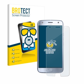 Front side of a product packaging with the brand logo BROTECT. Next to it is the device Motorola Moto X4 shown with the corres
