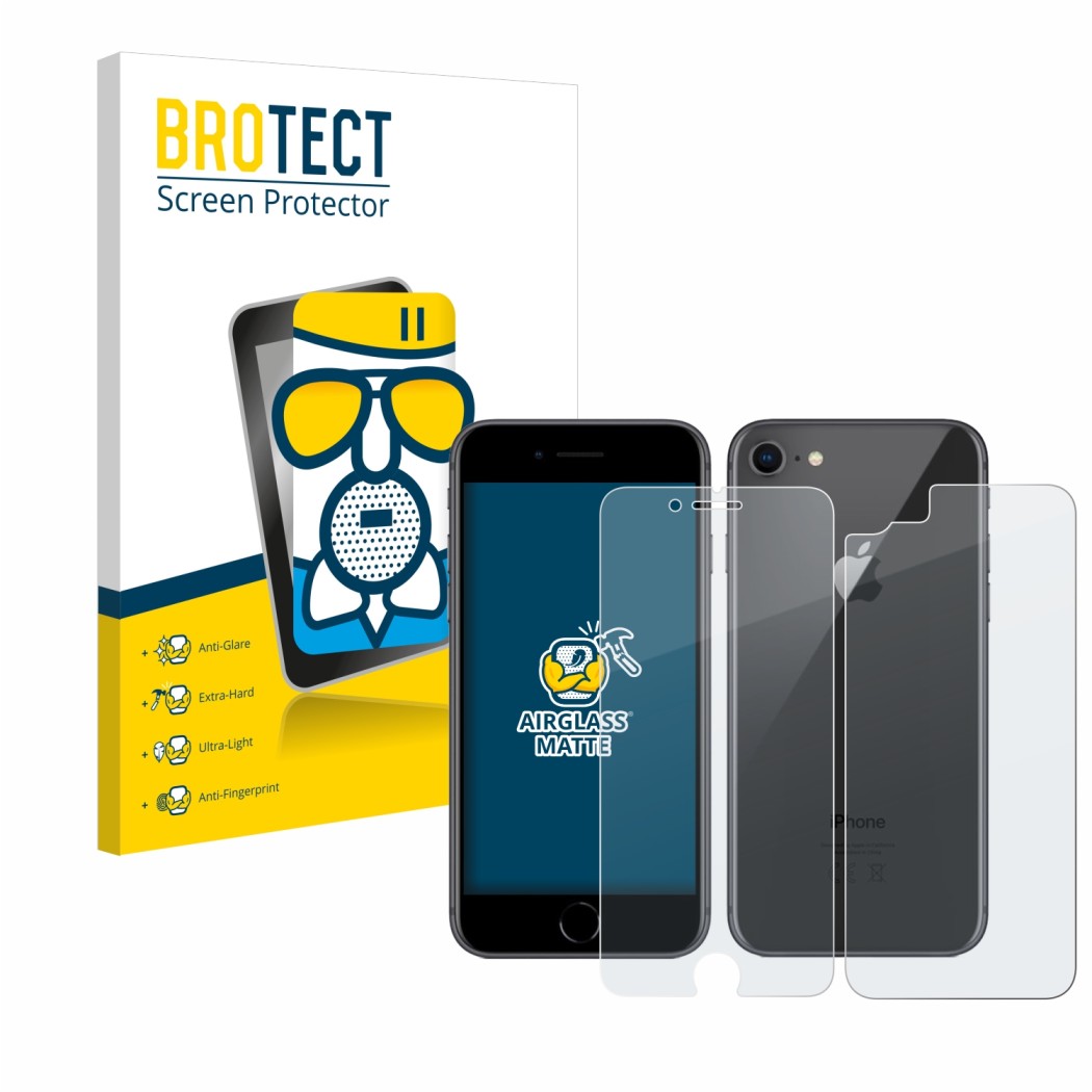 Face avant d’un emballage produit avec le logo de la marque BROTECT. À côté, l’appareil Apple iPhone 8 (Avant+Arrière) est rep