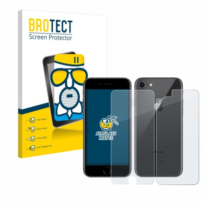 Face avant d’un emballage produit avec le logo de la marque BROTECT. À côté, l’appareil Apple iPhone 8 (Avant+Arrière) est rep