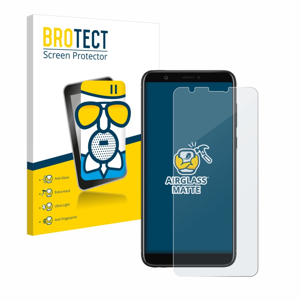 Front side of a product packaging with the brand logo BROTECT. Next to it is the device Huawei P smart 2018 shown with the cor