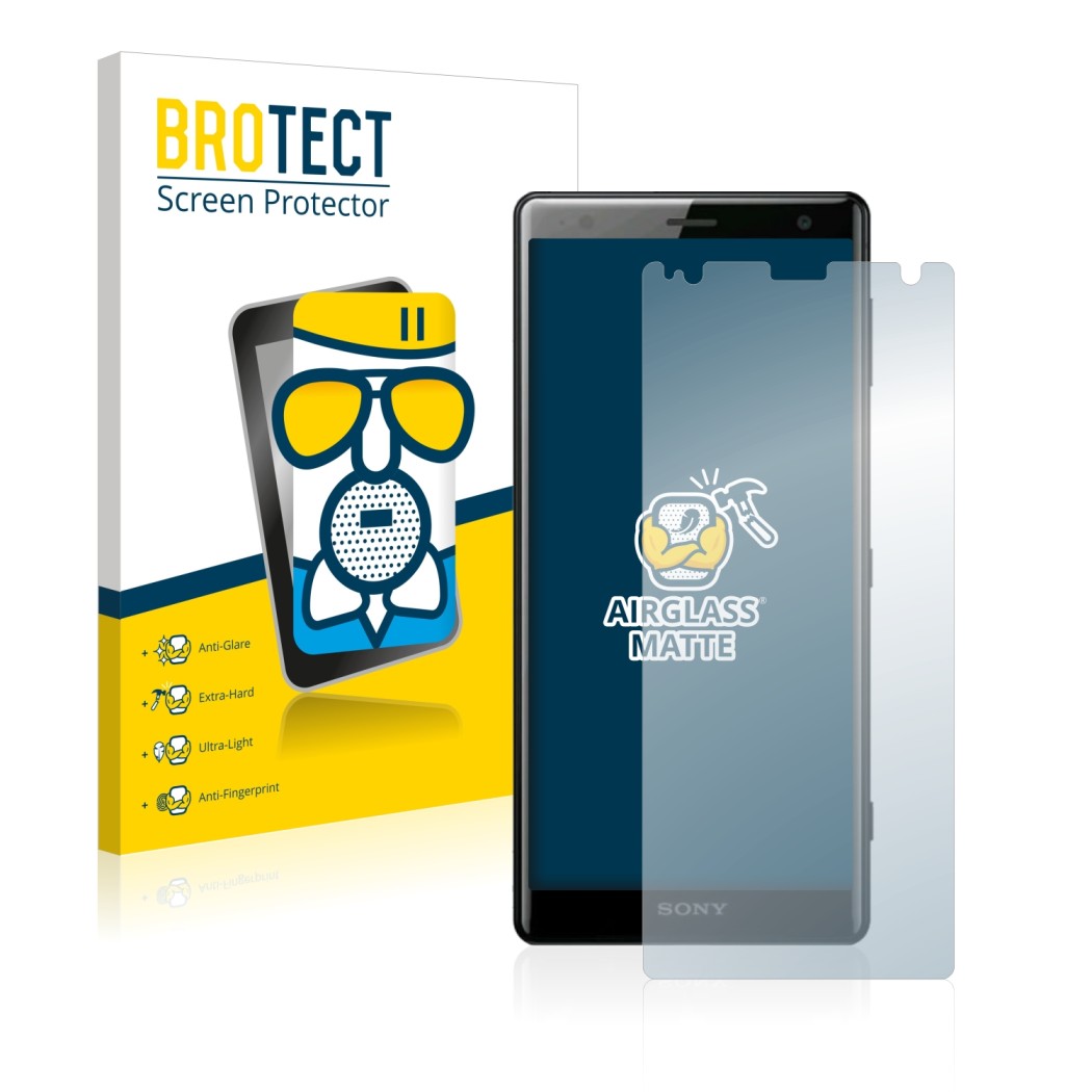 Front side of a product packaging with the brand logo BROTECT. Next to it is the device Sony Xperia XZ2 shown with the corresp