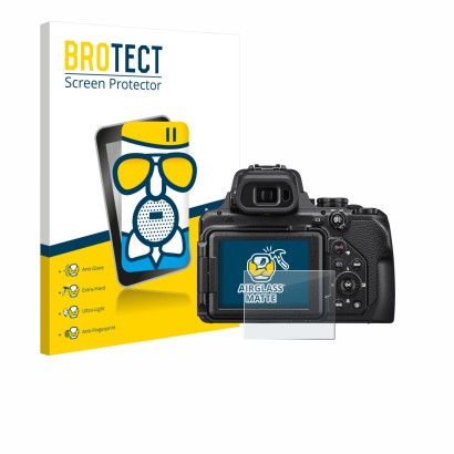 Front side of a product packaging with the brand logo BROTECT. Next to it is the device Nikon Coolpix P1000 shown with the cor