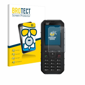 Parte frontal de un envase de producto con el logotipo de la marca BROTECT. Al lado se muestra el dispositivo Caterpillar Cat 