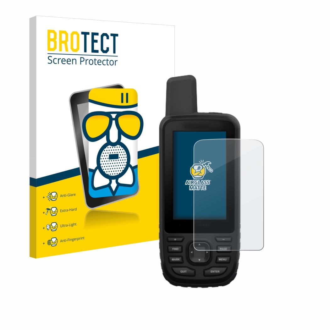 Front side of a product packaging with the brand logo BROTECT. Next to it is the device Garmin GPSMAP 66st shown with the corr