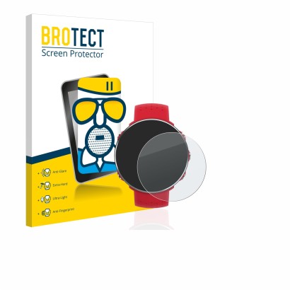 Front side of a product packaging with the brand logo BROTECT. Next to it is the device Polar Vantage M shown with the corresp