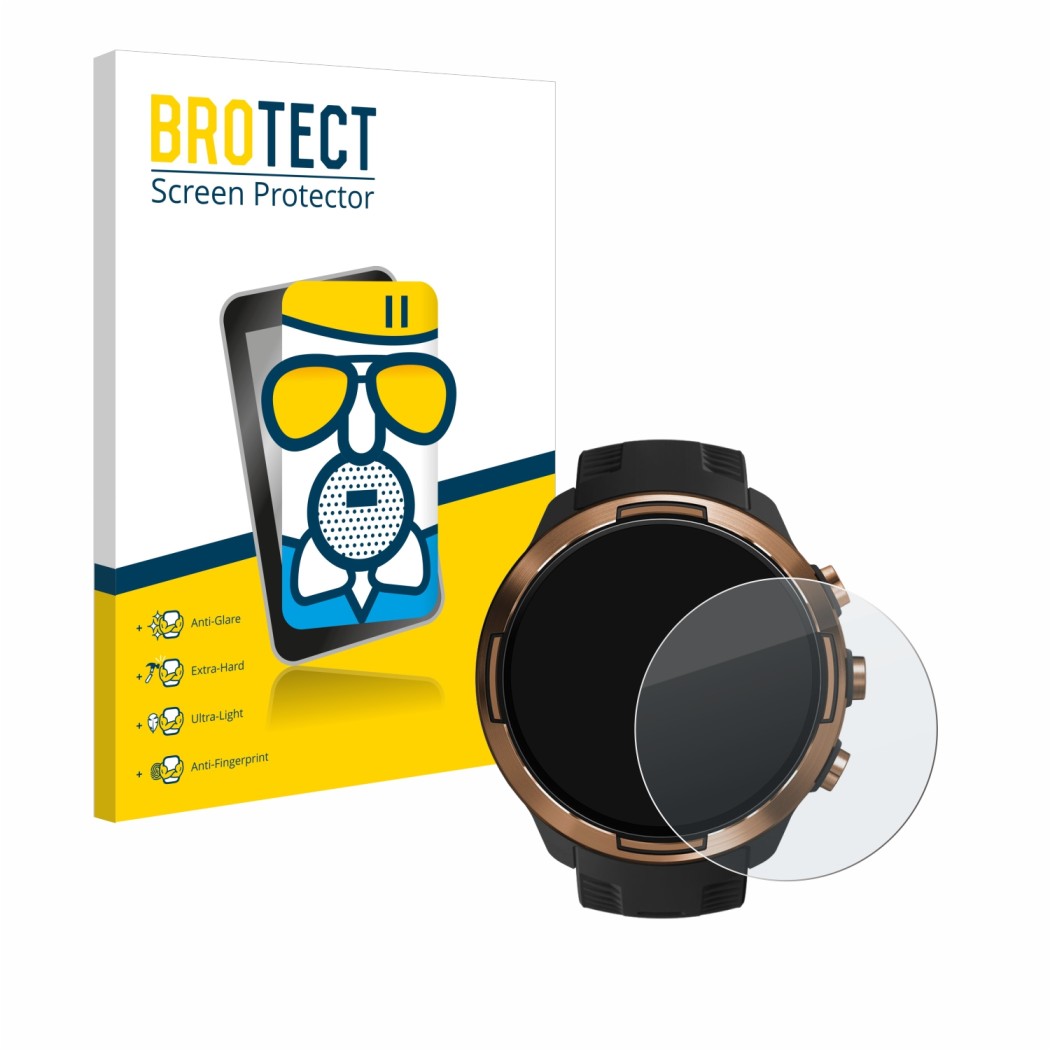 Front side of a product packaging with the brand logo BROTECT. Next to it is the device Suunto 9 Baro shown with the correspon