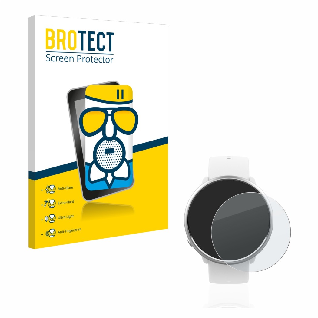 Front side of a product packaging with the brand logo BROTECT. Next to it is the device Polar Ignite shown with the correspond