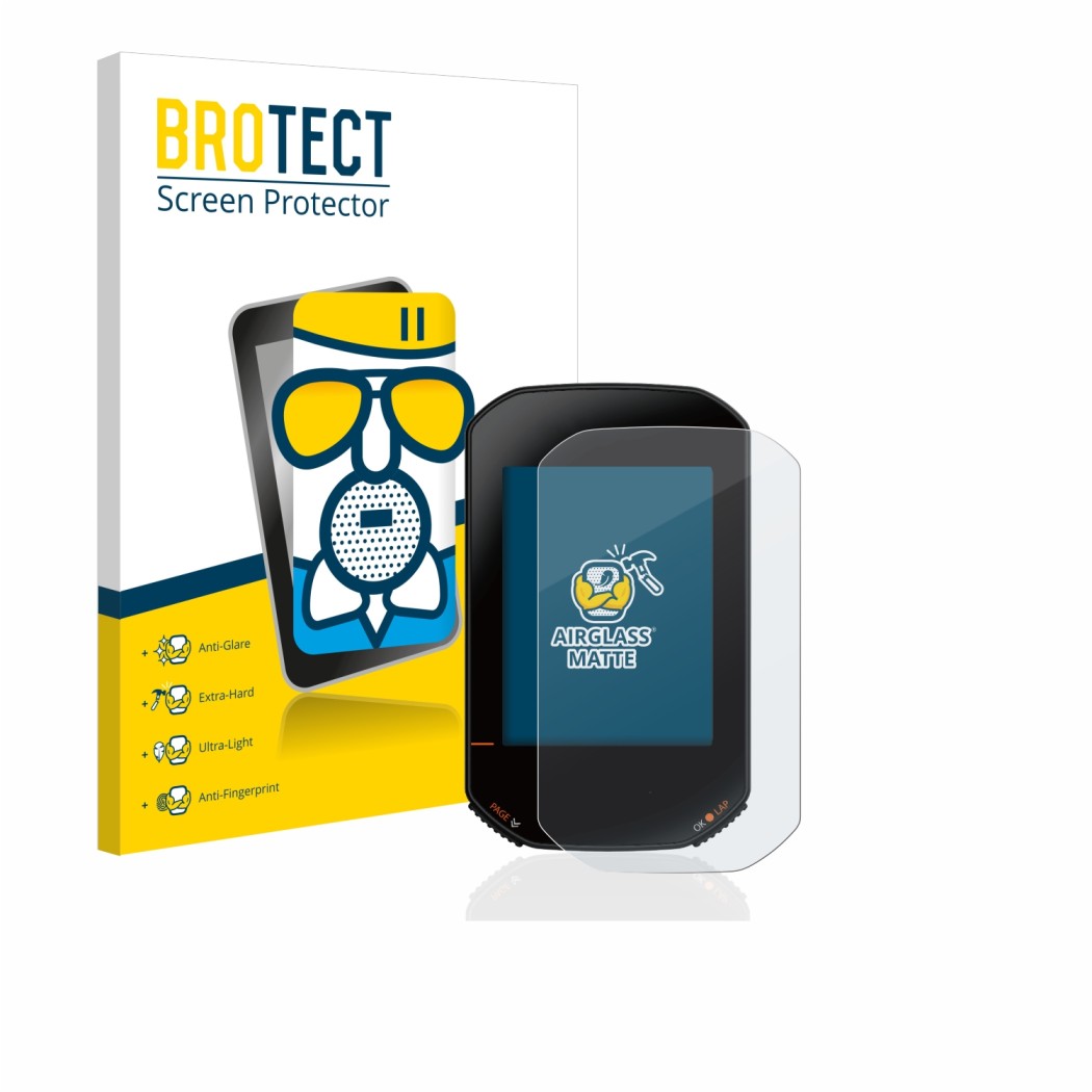 Front side of a product packaging with the brand logo BROTECT. Next to it is the device Bryton Rider 420 shown with the corres