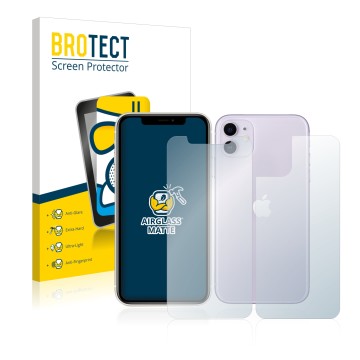 Front side of a product packaging with the brand logo BROTECT. Next to it is the device Apple iPhone 11 (Front+Back) shown wit