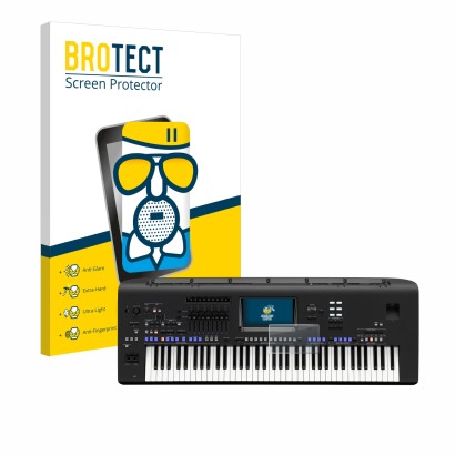 Front side of a product packaging with the brand logo BROTECT. Next to it is the device Yamaha Genos shown with the correspond