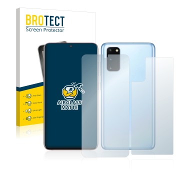 Face avant d’un emballage produit avec le logo de la marque BROTECT. À côté, l’appareil Samsung Galaxy S20 (Avant+Arrière) est