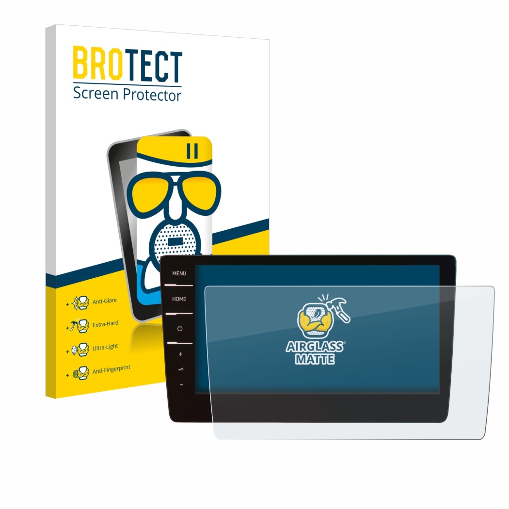 Front side of a product packaging with the brand logo BROTECT. Next to it is the device Volkswagen Passat 2019 Discover Pro 9.