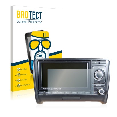 Vorderseite einer Produktverpackung mit dem Markenlogo BROTECT. Daneben ist das Gerät Audi A4 8E 2004-2009 RNS-E mit dem zugeh