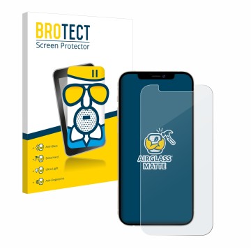 Face avant d’un emballage produit avec le logo de la marque BROTECT. À côté, l’appareil Apple iPhone 12 est représenté avec la