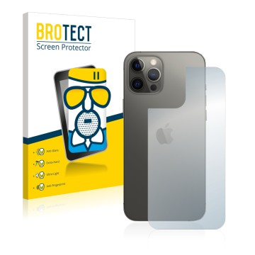 Parte frontal de un envase de producto con el logotipo de la marca BROTECT. Al lado se muestra el dispositivo Apple iPhone 12 